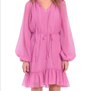 DONNA MORGAN V-Neck Puff Sleeve Sheer Dress